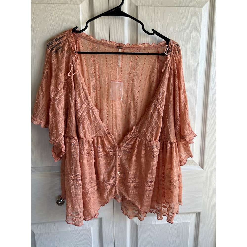 Free People Pink Sheer Lace V-Neck Button Front Flutter Peplum Blouse L